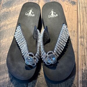 Corkys Black Jeweled Thong Sandals with Clear Crystal Accents